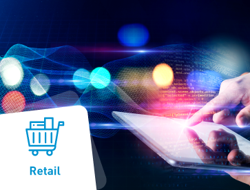 Uma mão interage com um tablet iluminado sobre um fundo de luzes abstratas e vibrantes, com um ícone de um carro de compras