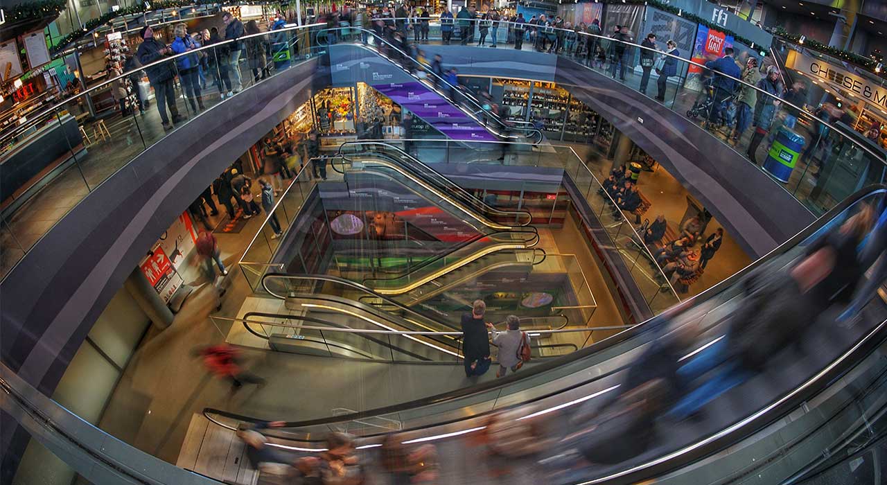shopping centre with escalators