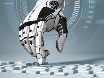 Mão Robótica a escrever num teclado, representa o processo de automação 