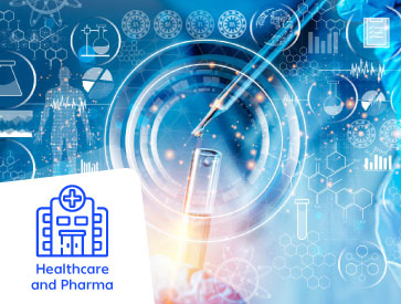 Mão a adicionar líquido a um tubo de ensaio, com gráficos e ícones digitais sobre saúde e farmacêutica em segundo plano.
